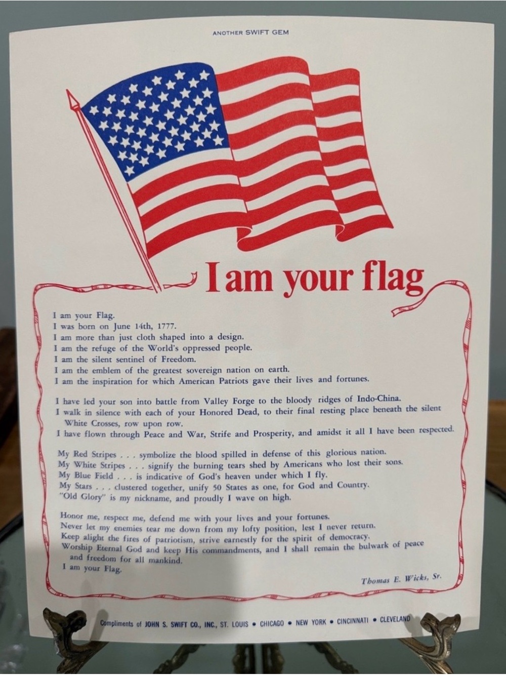 1950’s Vintage Print "I Am Your Flag"  4th of July Patriotic Frame USA Flag  NOS
